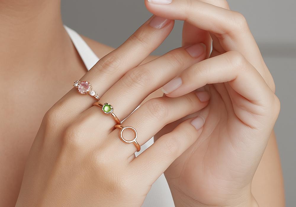 A close-up of a hand adorned with three elegant rings. The first ring features a pink gemstone surrounded by small diamonds, while the second ring displays a vibrant green gemstone. The third ring has a minimalist design with an open circle