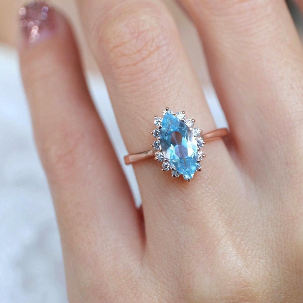 1.80 Carats 14k Solid Rose Gold Blue Topaz Engagement Ring - SOVATS