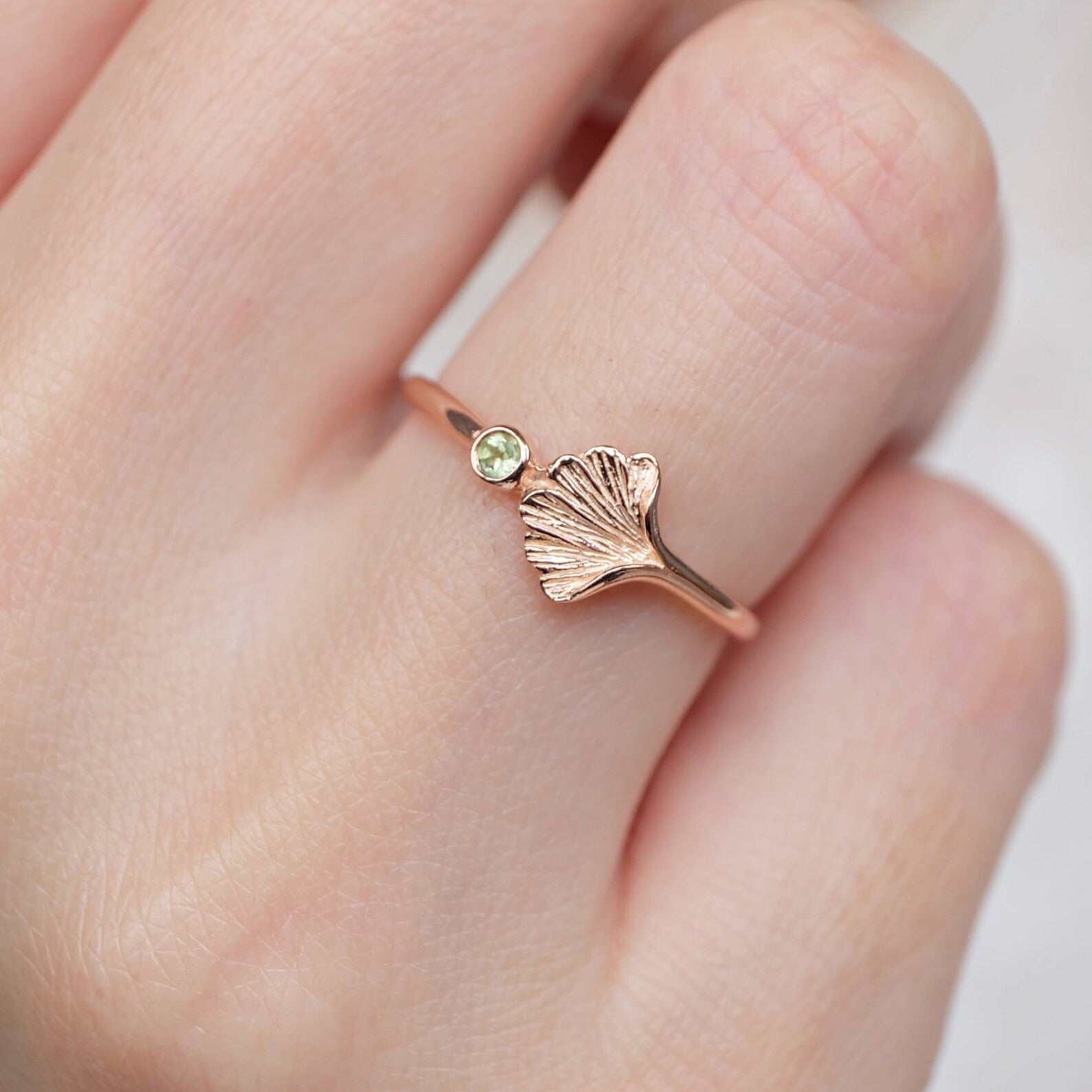 Peridot Ginkgo Leaf Solitaire Ring Rona