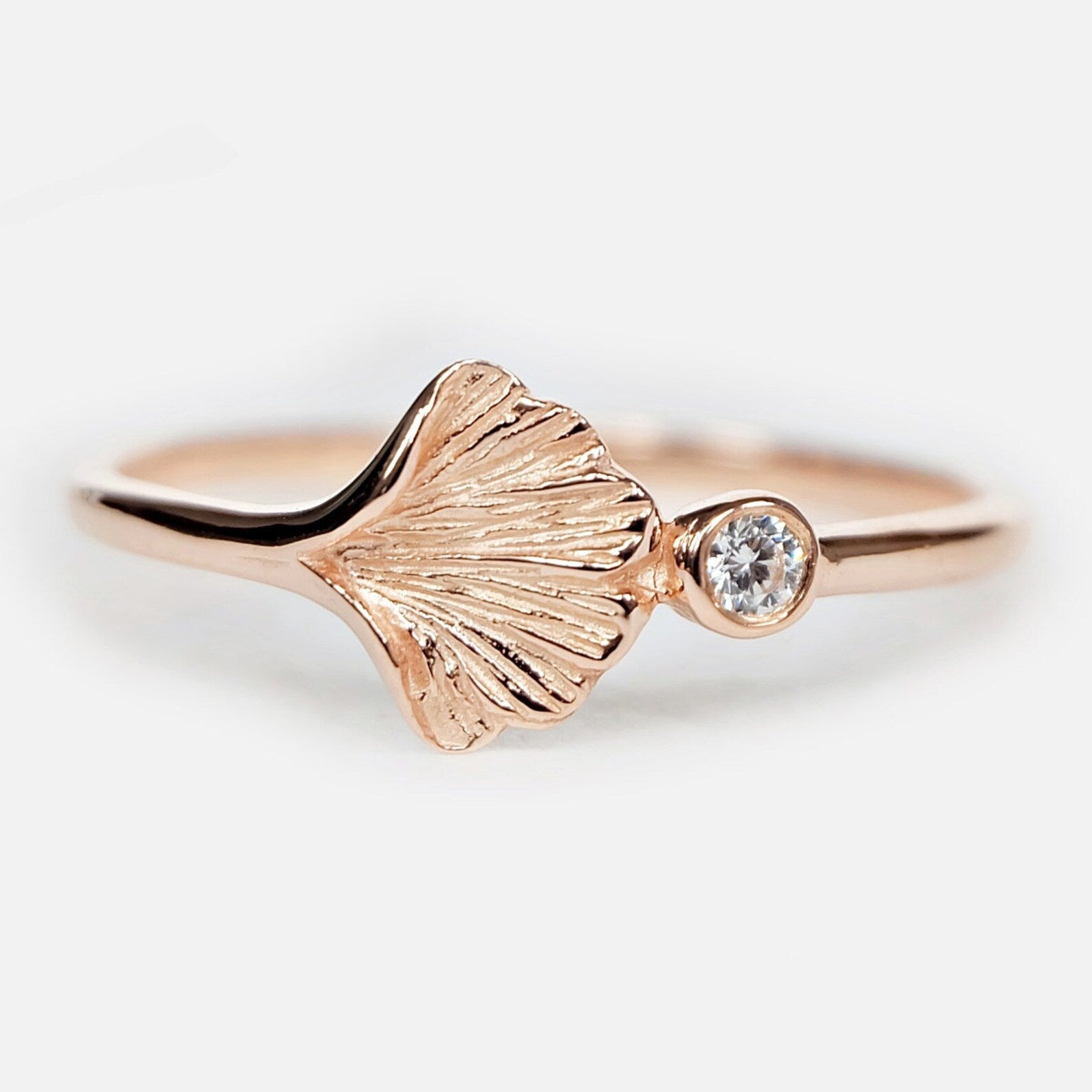 Diamond Ginkgo Leaf Solitaire Ring Rona
