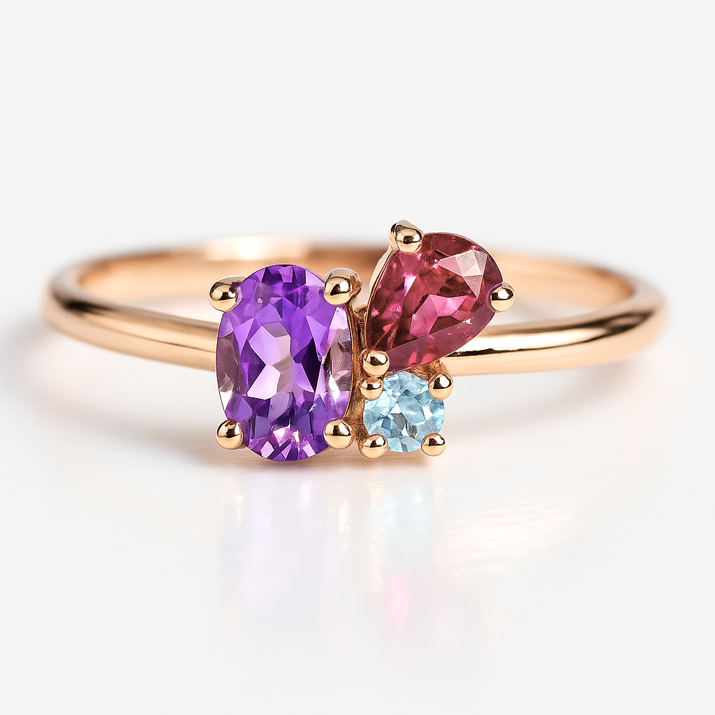 Amethyst Rhodolite Aquamarine Ring Nawra