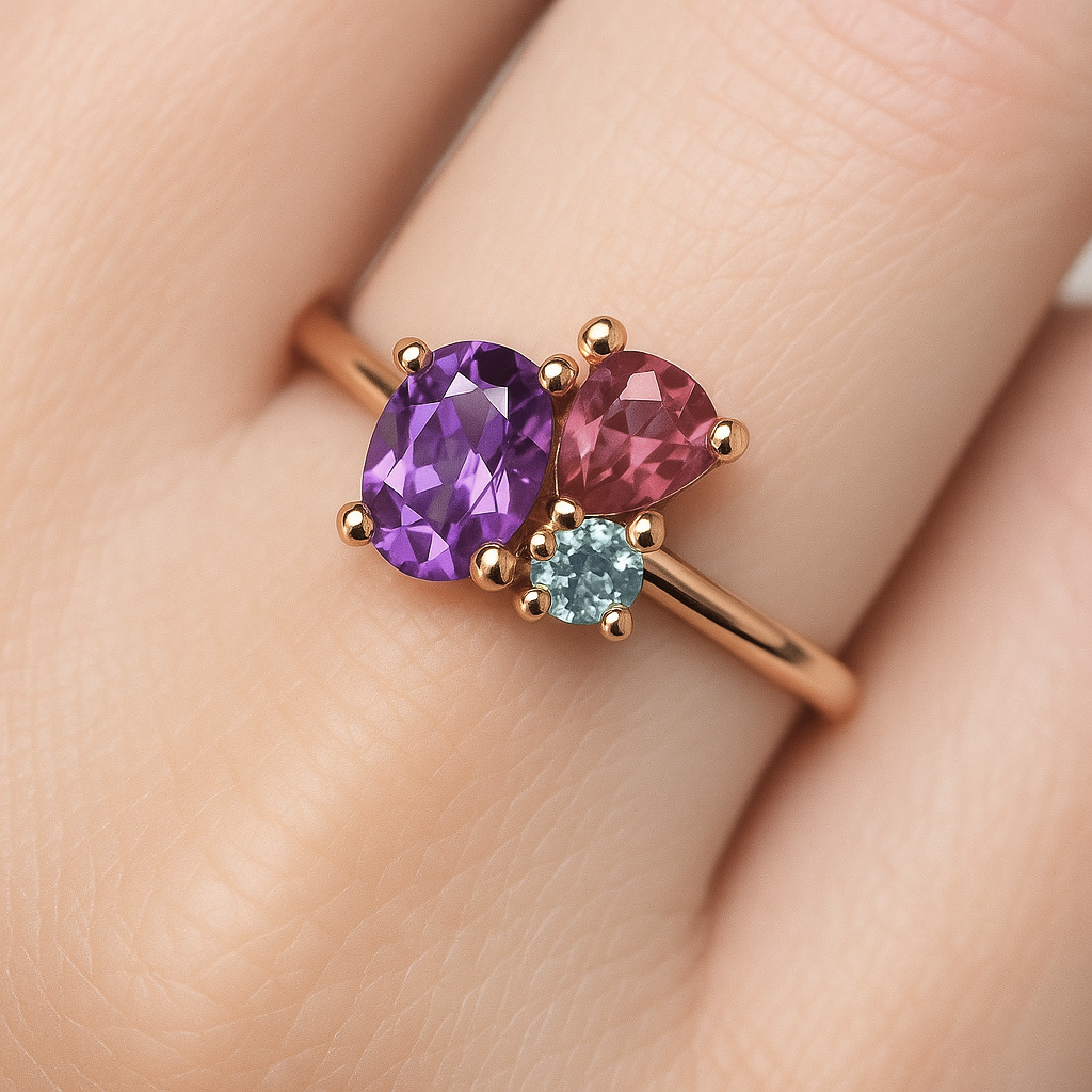 Amethyst Rhodolite Aquamarine Ring Nawra