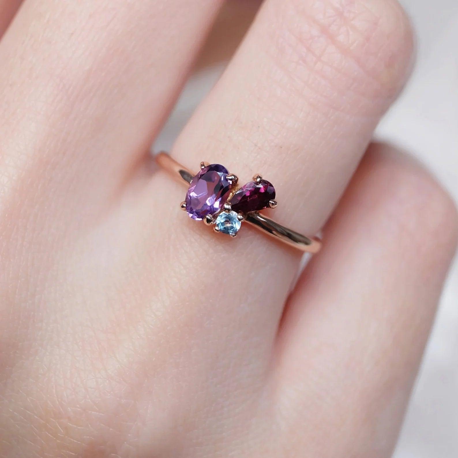 Amethyst Rhodolite Aquamarine Ring Nawra - SOVATS