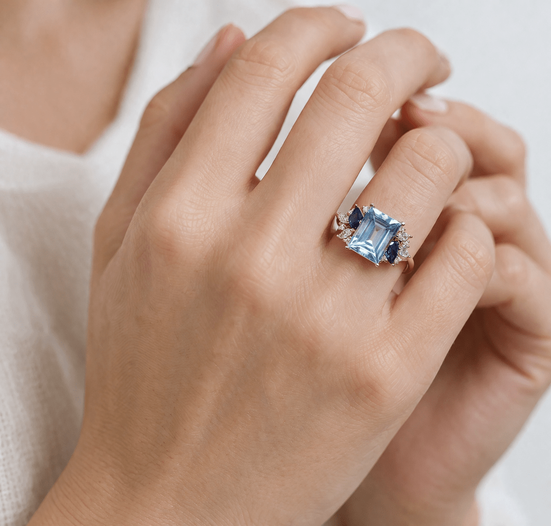 Blue Topaz Sapphier Diamond Engagement Gold Ring Caelia - SOVATS