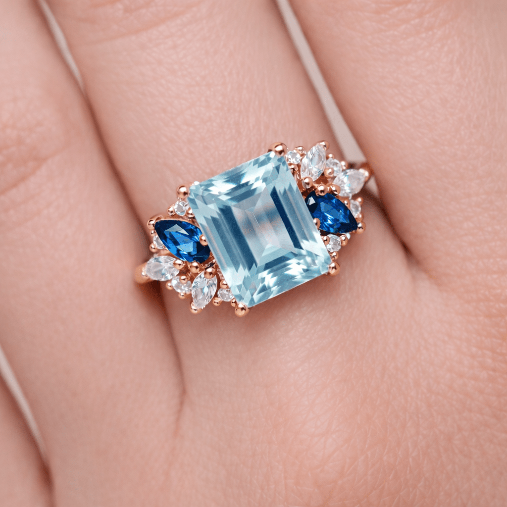 Blue Topaz Sapphier Diamond Engagement Gold Ring Caelia - SOVATS