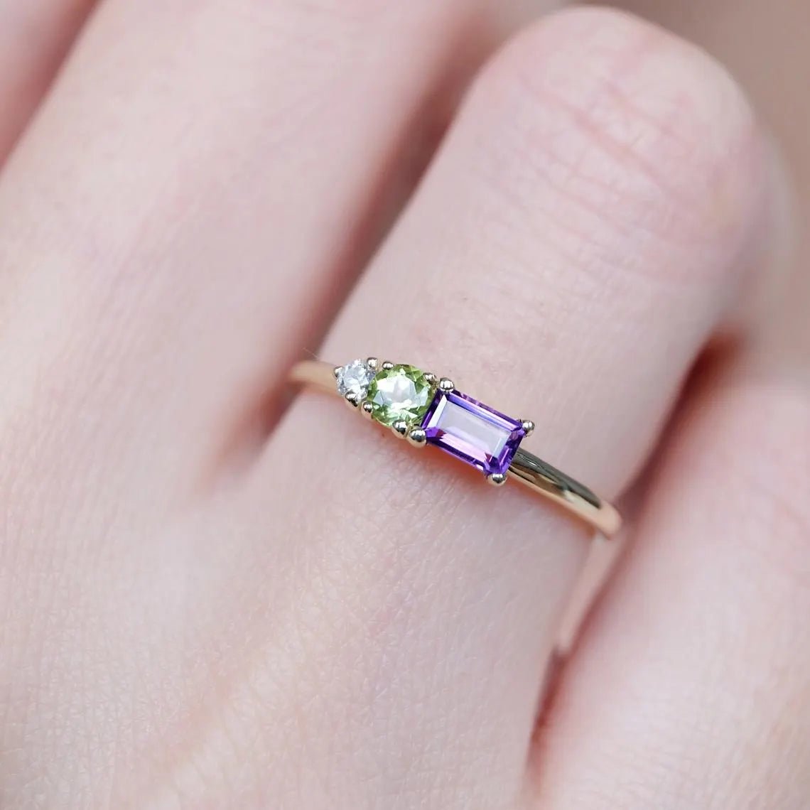 Diamond, Peridot, Amethyst, Three Stone Ring - SOVATS
