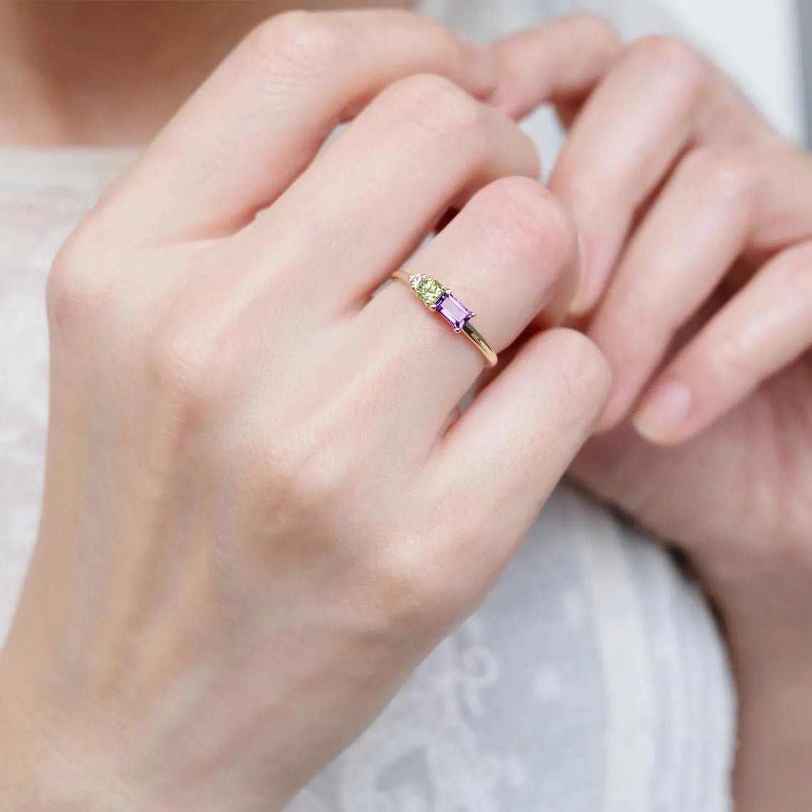 Diamond, Peridot, Amethyst, Three Stone Ring - SOVATS