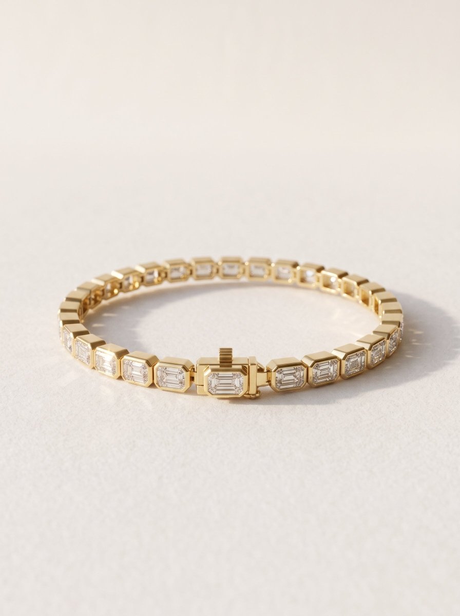 East-West Bezel Emerald Cut Lab Diamond Tennis Bracelet in 14K Gold - SOVATS