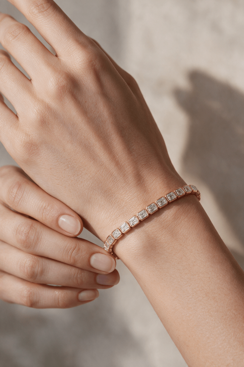 East-West Bezel Emerald Cut Lab Diamond Tennis Bracelet in 14K Gold - SOVATS