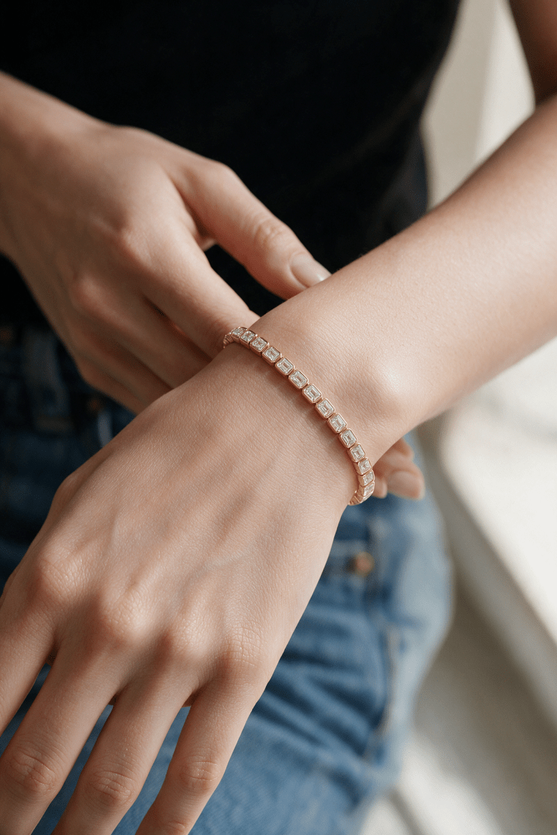 East-West Bezel Emerald Cut Lab Diamond Tennis Bracelet in 14K Gold - SOVATS
