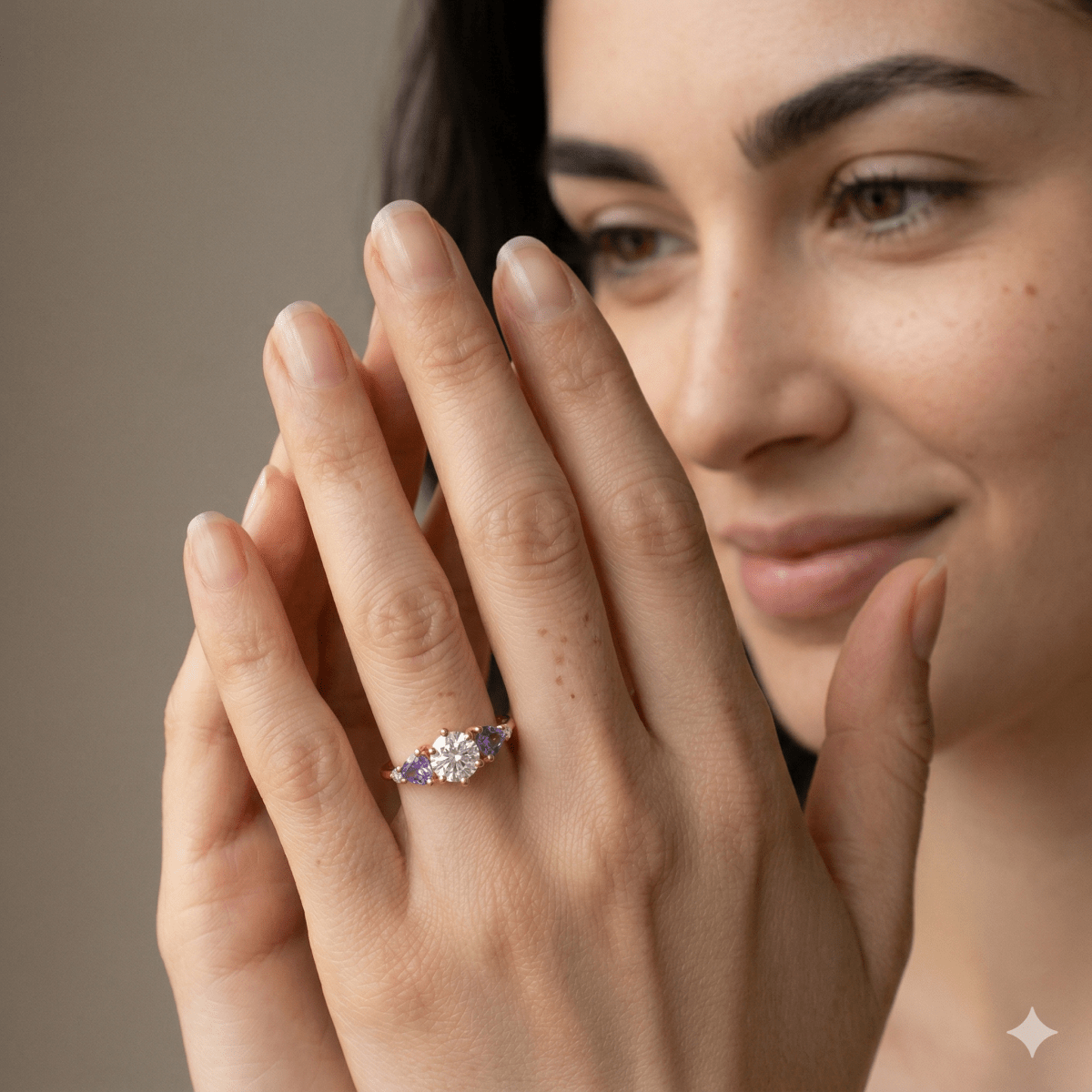 Moissanite Amethyst Diamond Engagement Gold Ring Ami - SOVATS