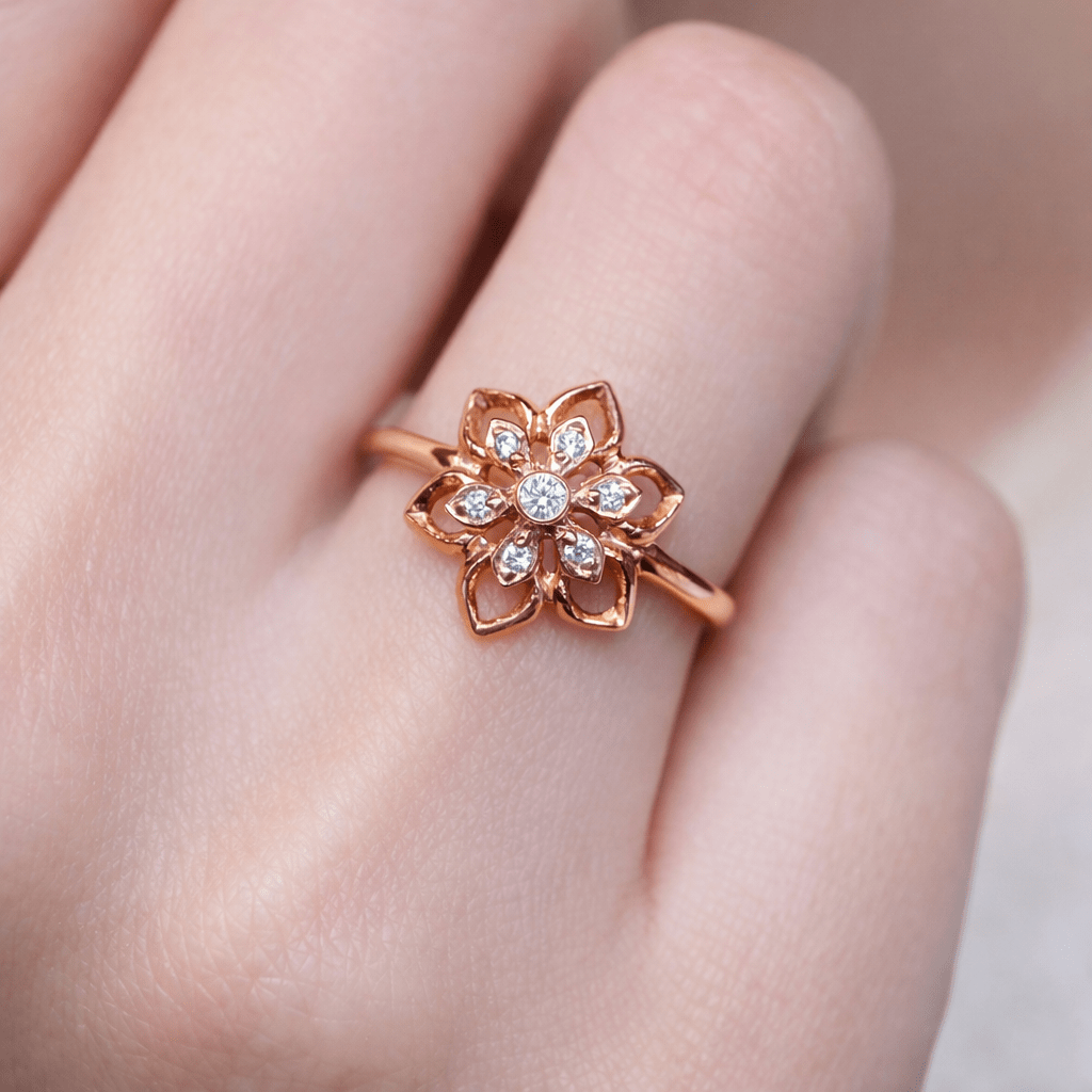 Thai Art Inspired Diamond Gold Ring Lotus - SOVATS
