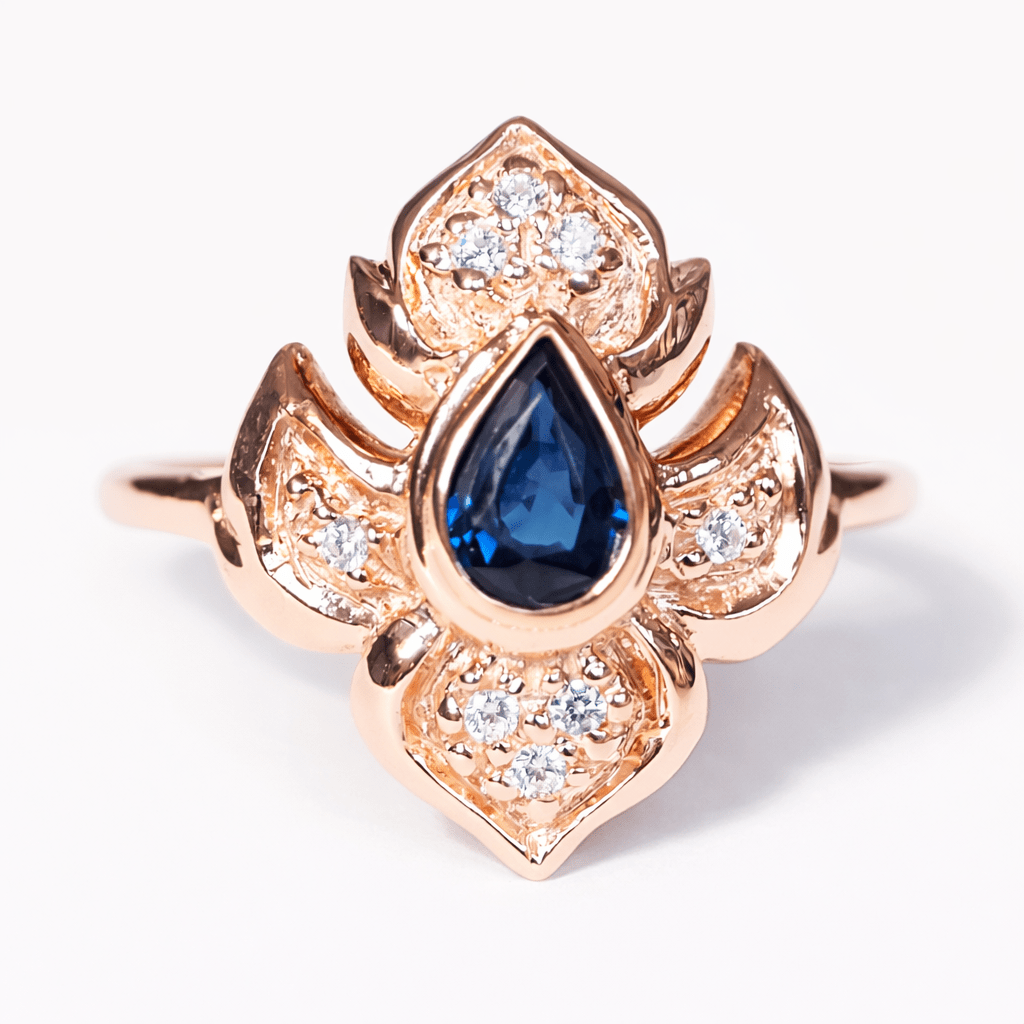 Thai Art Inspired Sapphire Diamond Gold Ring Ratcha - SOVATS