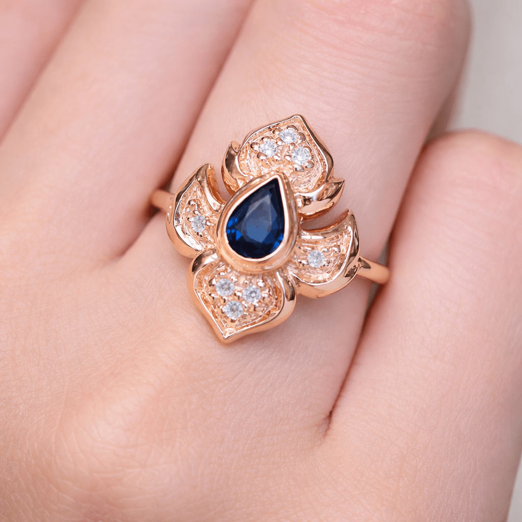 Thai Art Inspired Sapphire Diamond Gold Ring Ratcha - SOVATS