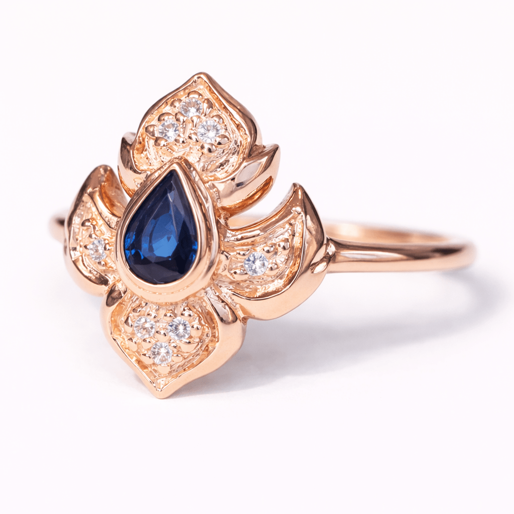 Thai Art Inspired Sapphire Diamond Gold Ring Ratcha - SOVATS