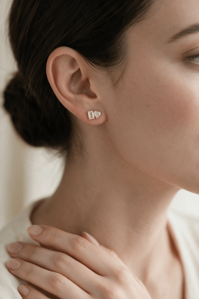 Toi et Moi Heart & Emerald Cut Lab Diamond Stud Earrings in 14K Gold - SOVATS