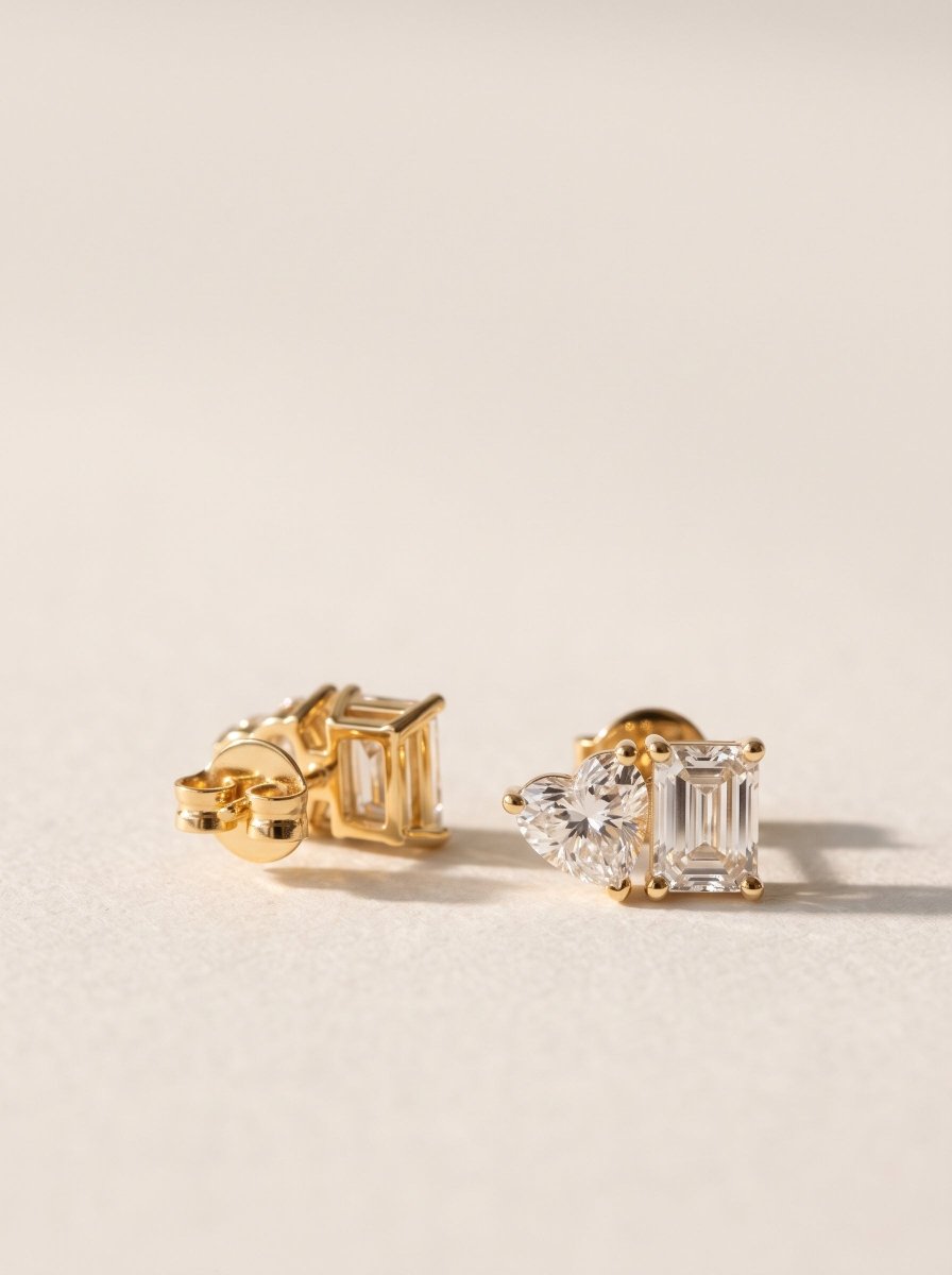 Toi et Moi Heart & Emerald Cut Lab Diamond Stud Earrings in 14K Gold - SOVATS