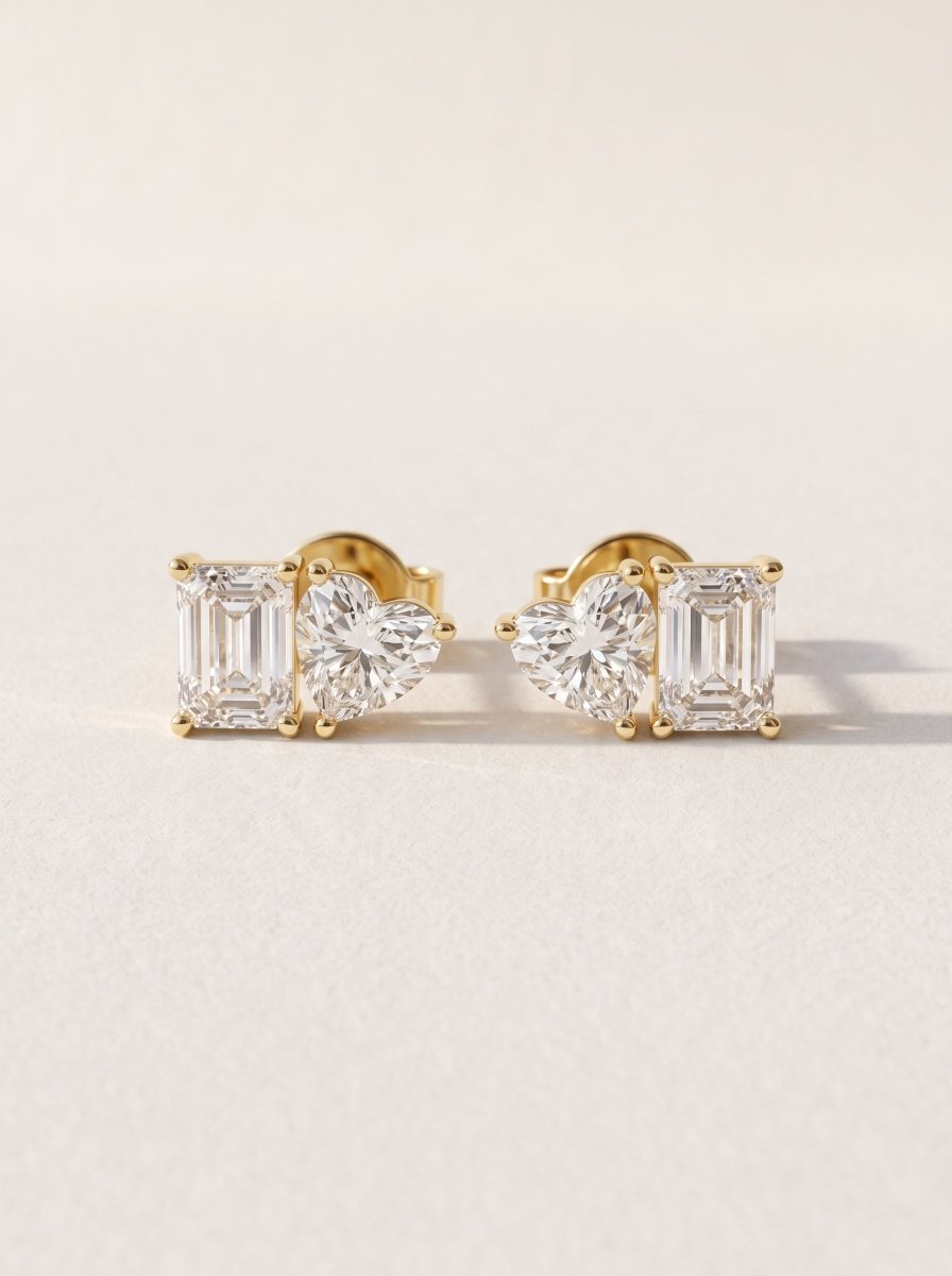 Toi et Moi Heart & Emerald Cut Lab Diamond Stud Earrings in 14K Gold - SOVATS
