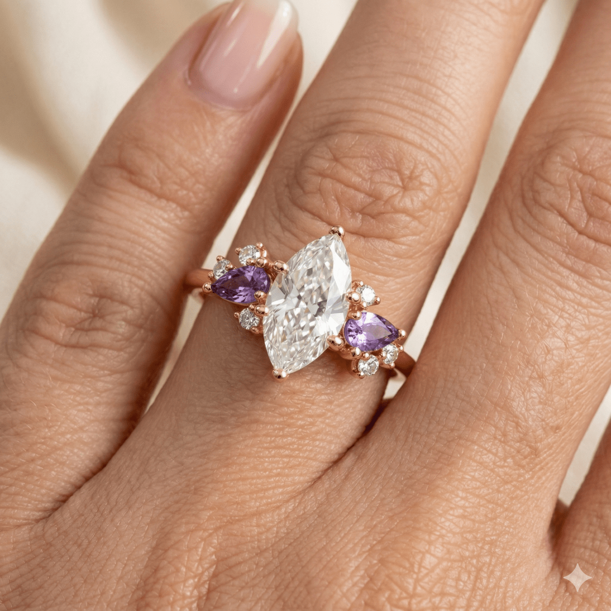 White Topaz Amethyst Diamond Engagement Gold Ring Leila - SOVATS