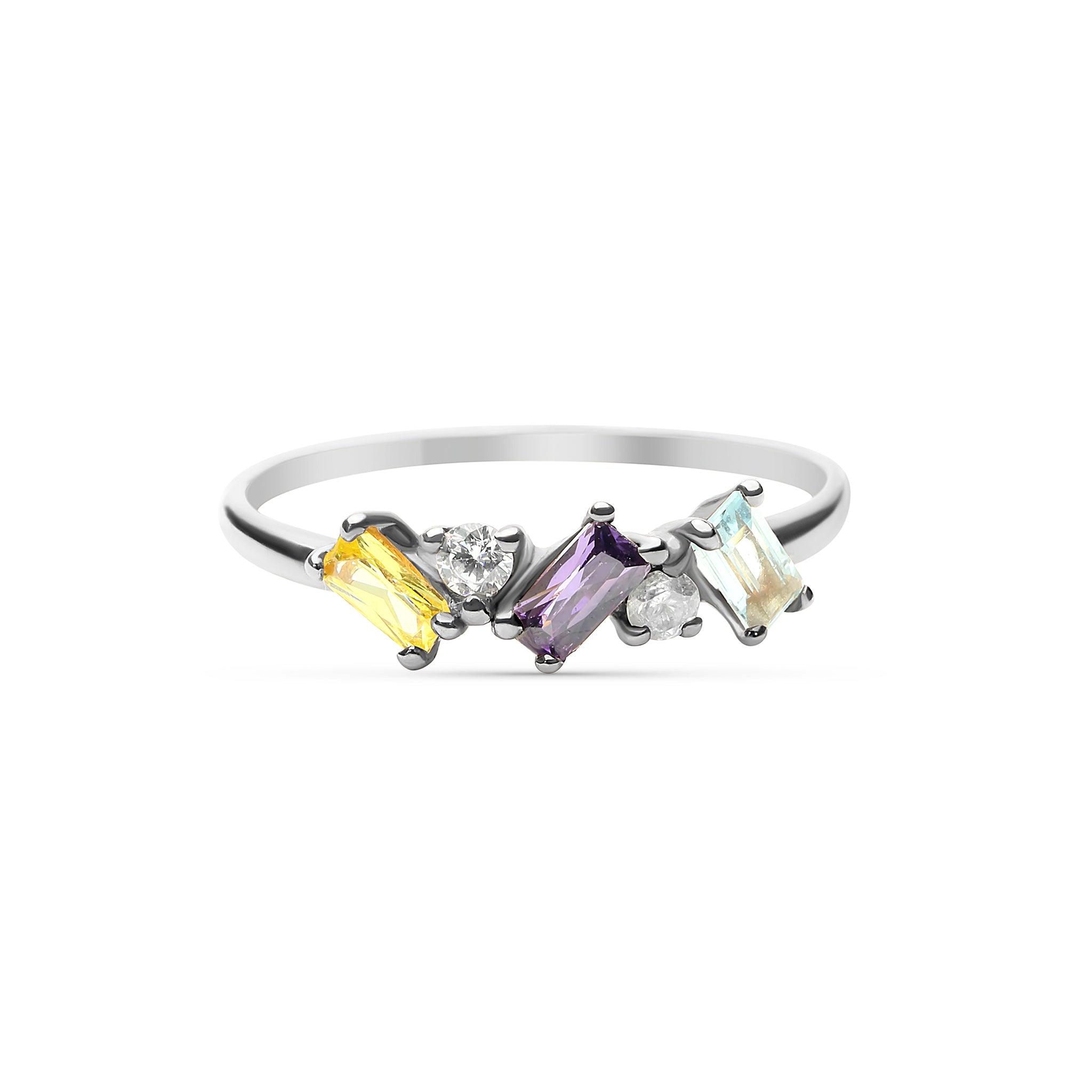 3 Color Stone Ring with diamonds in white gold